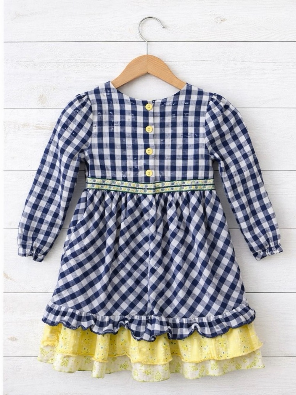Matilda Jane Girls Size 6 Blue Gingham Ruffle Hem Dress Button - Picture 2 of 4